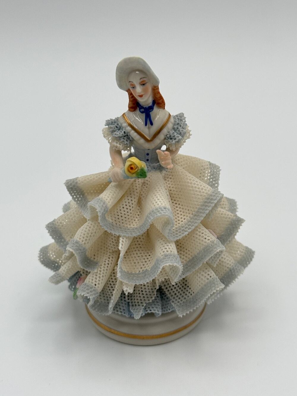 Vintage Irish Dresden MV Porcelain Lady Figurine Lace Dress Blue White